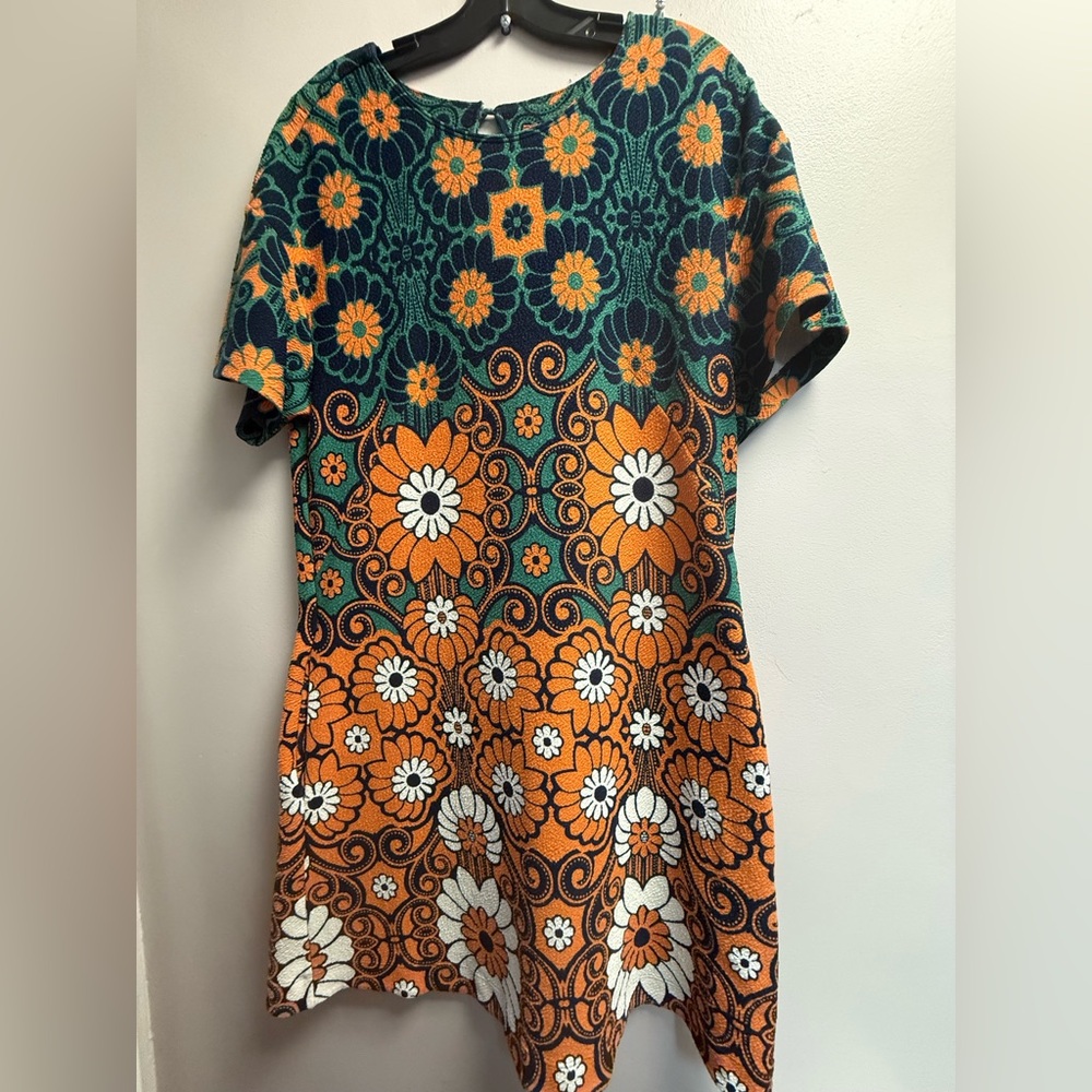 EUC Maeve Anthropologie Blue-Green/Orange/Blk/Wht Floral Midi Dress Women’s L